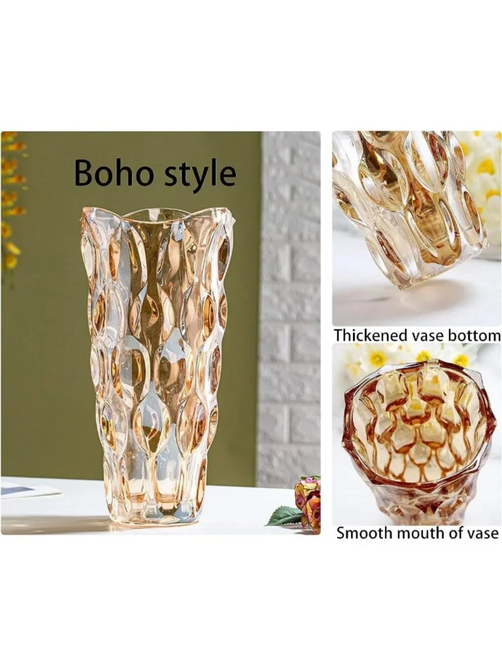 Elegant Amber Glass Vase for Centerpieces - 9.4in Tall, Unbreakable, Ideal for